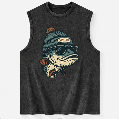 Cleveland Lake Erie Walleye wearing Cleveland beanie with pom pom and - Vintage Washed Tank - Black