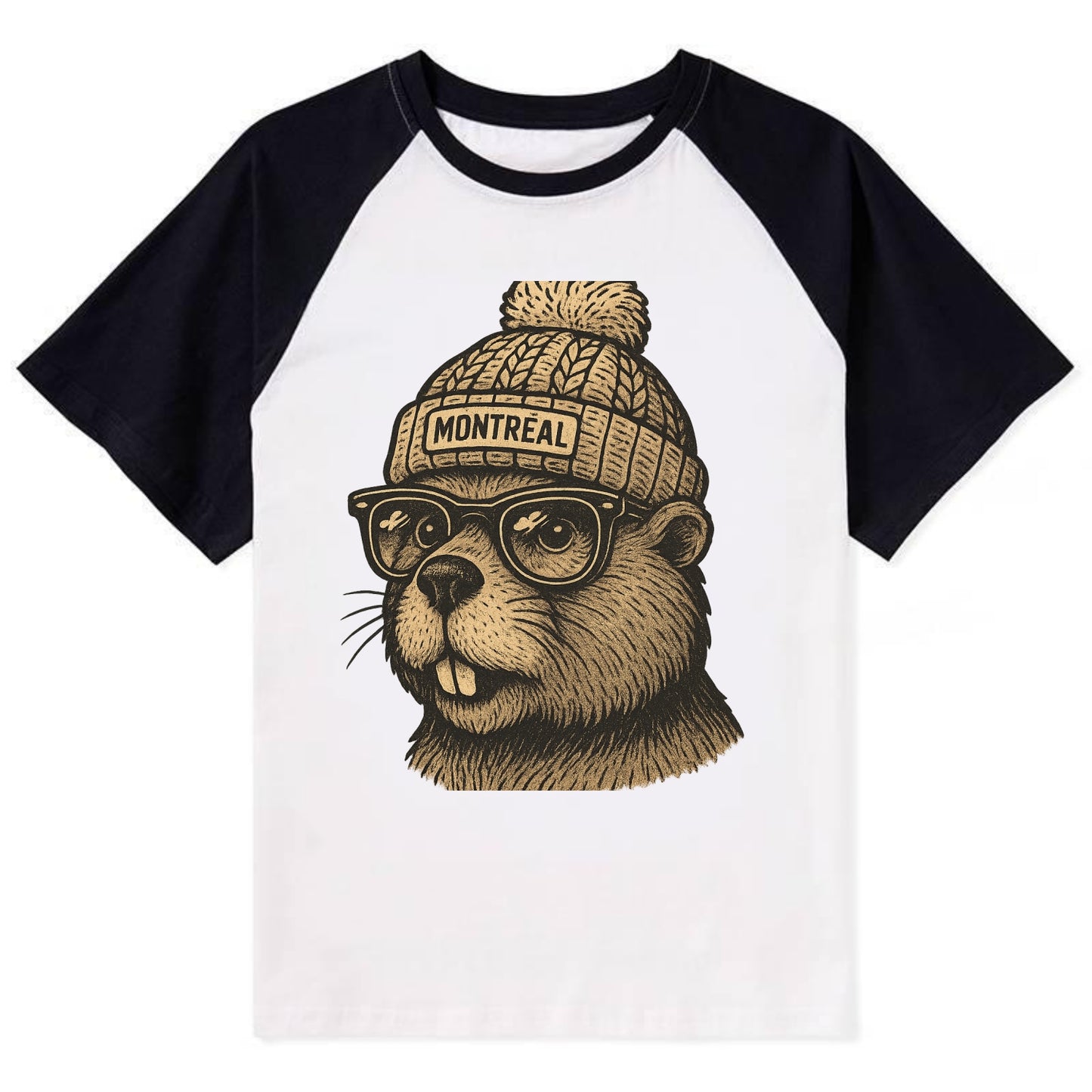 Montreal Beaver wearing Montreal beanie with pom pom and wayfarer - Contrast Raglan T-shirt - Black