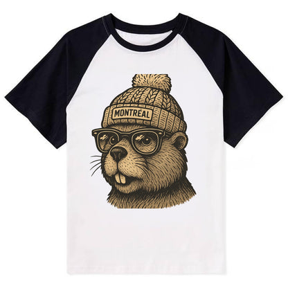 Montreal Beaver wearing Montreal beanie with pom pom and wayfarer - Contrast Raglan T-shirt - Black