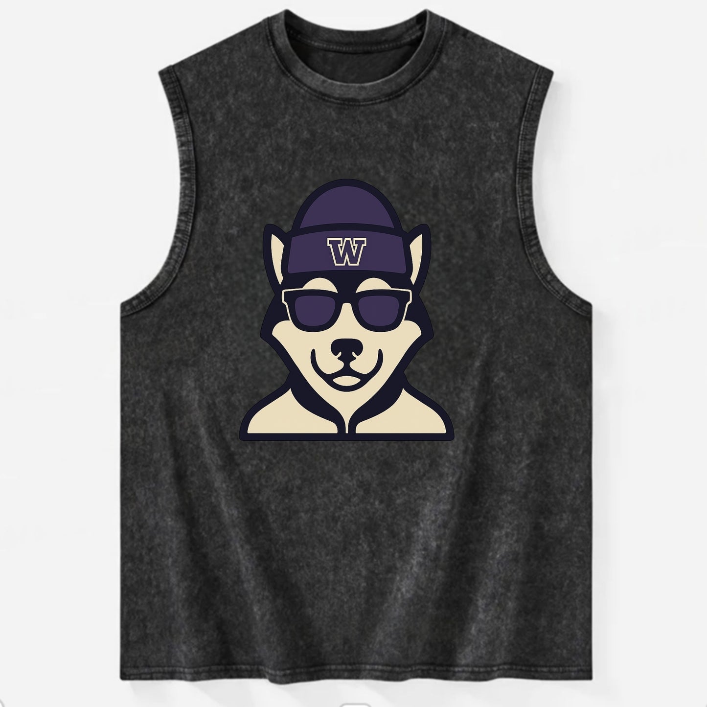 Seattle Husky wearing Washington beanie with W patch - Vintage Washed Tank - Black