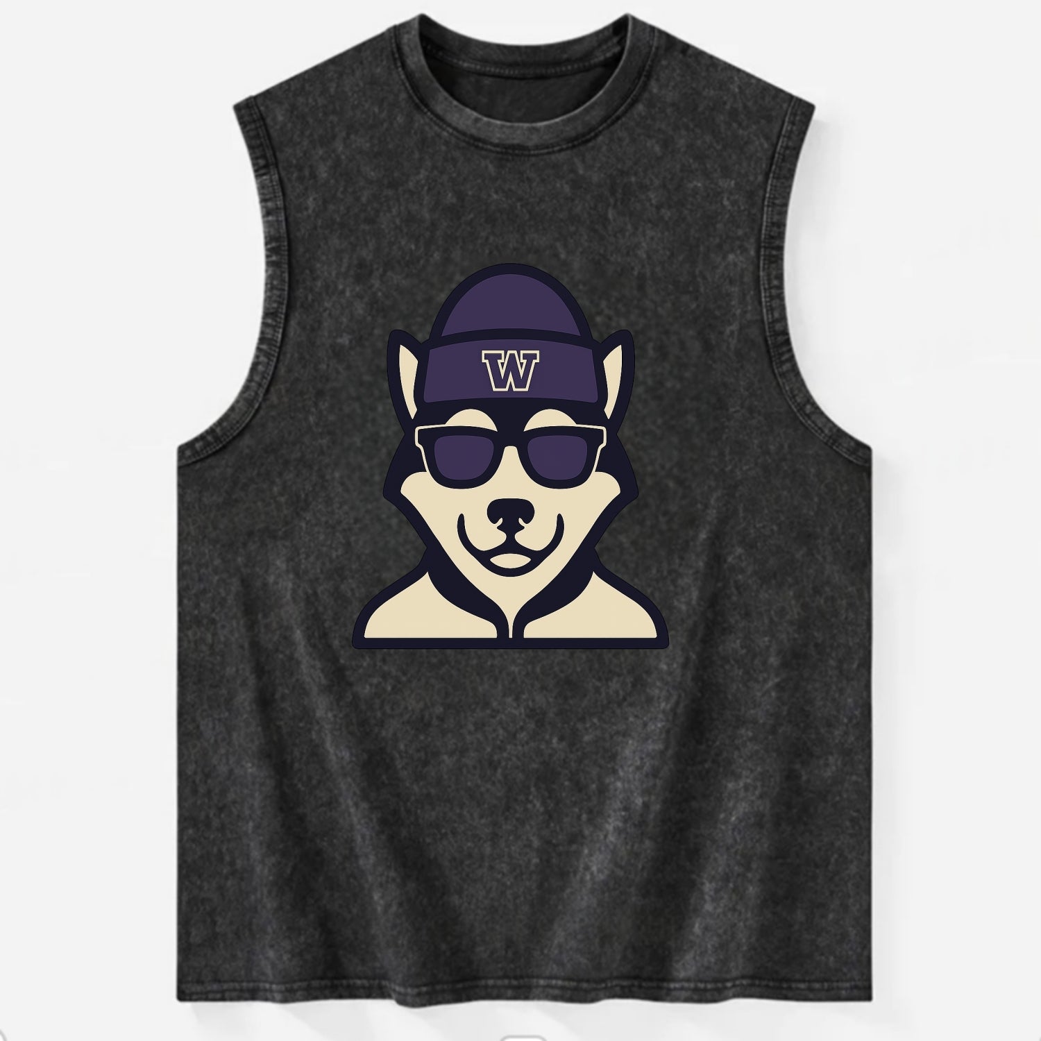 Seattle Husky wearing Washington beanie with W patch - Vintage Washed Tank - Black