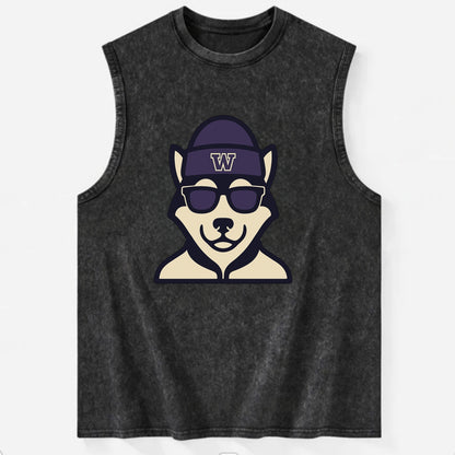 Seattle Husky wearing Washington beanie with W patch - Vintage Washed Tank - Black