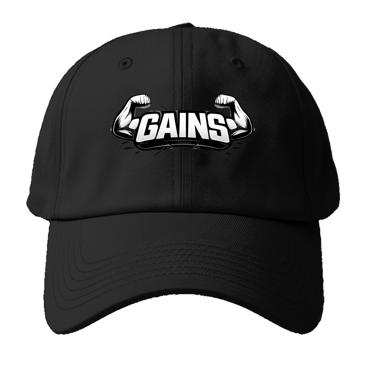 Bold typography design - "GAINS" - muscle growth, progress visible - Baseball Cap For Big Heads - Black