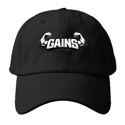 Bold typography design - "GAINS" - muscle growth, progress visible - Baseball Cap For Big Heads - Black
