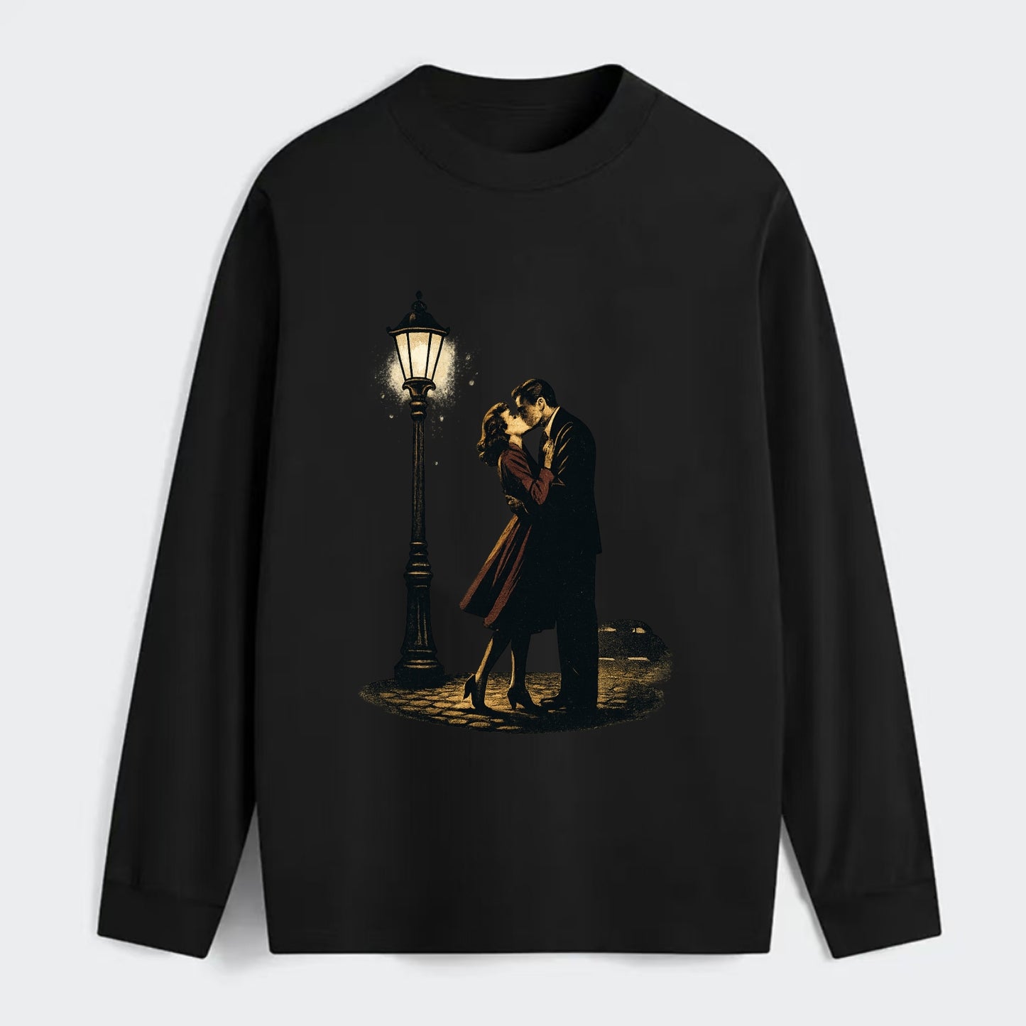 first kiss under vintage street lamp on cobblestone at night - Classic Long Sleeve Shirt - Black