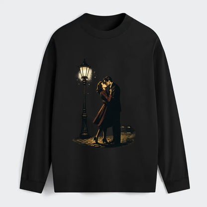 first kiss under vintage street lamp on cobblestone at night - Classic Long Sleeve Shirt - Black