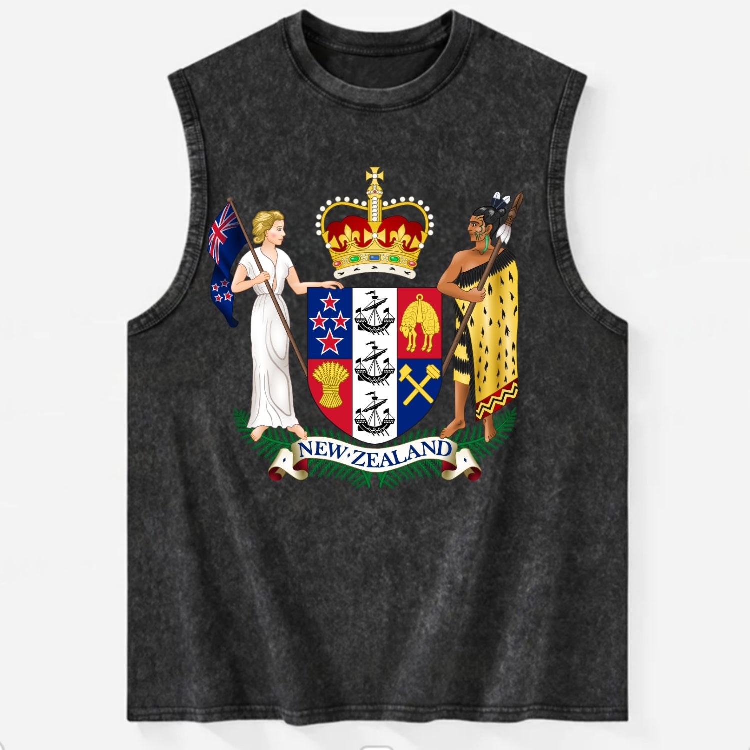 Coat Of Arms Of New Zealand - Vintage Washed Tank - Black
