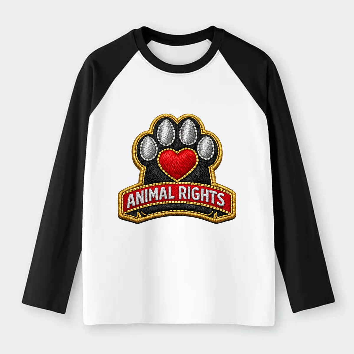 ANIMAL RIGHTS - raised paw with heart in red , advocacy - Raglan Long Sleeve T-Shirt - Black