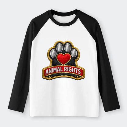 ANIMAL RIGHTS - raised paw with heart in red , advocacy - Raglan Long Sleeve T-Shirt - Black