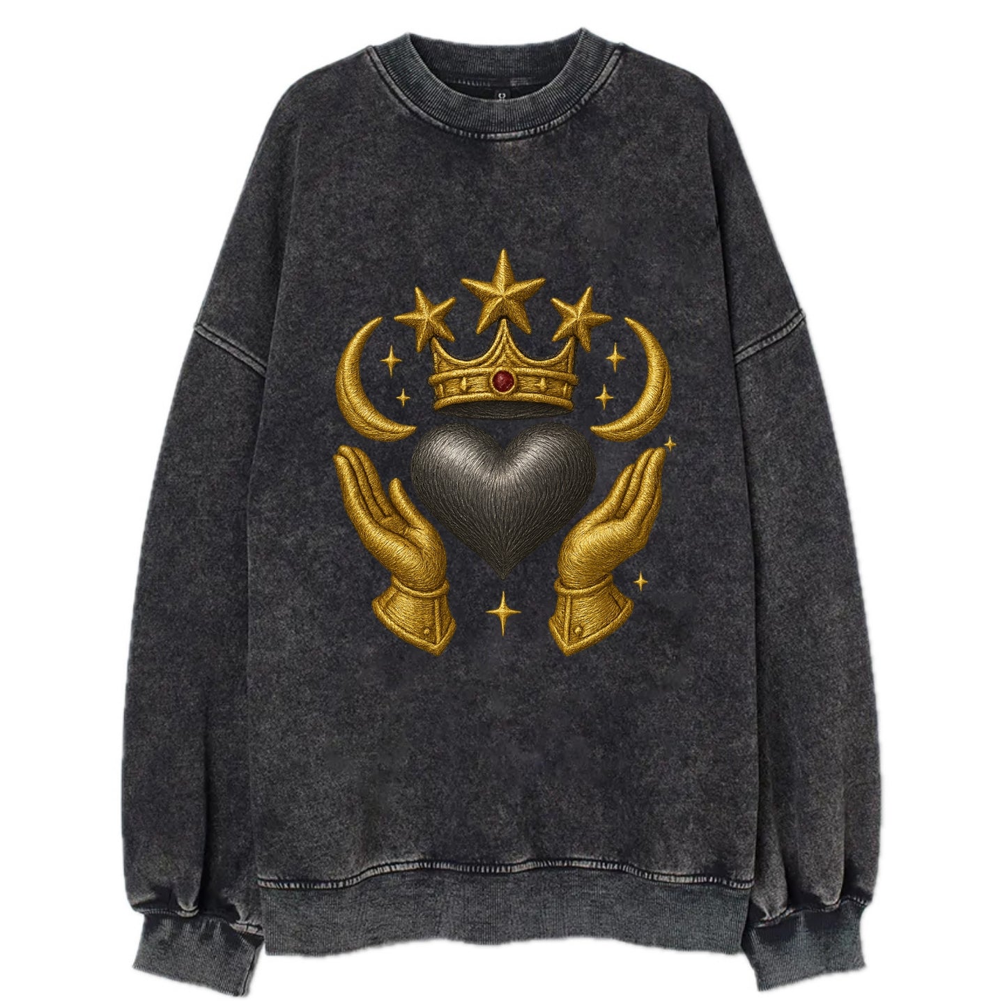 Sun goddess crown radiating golden rays over a midnight heart with - Vintage Sweatshirt - Black