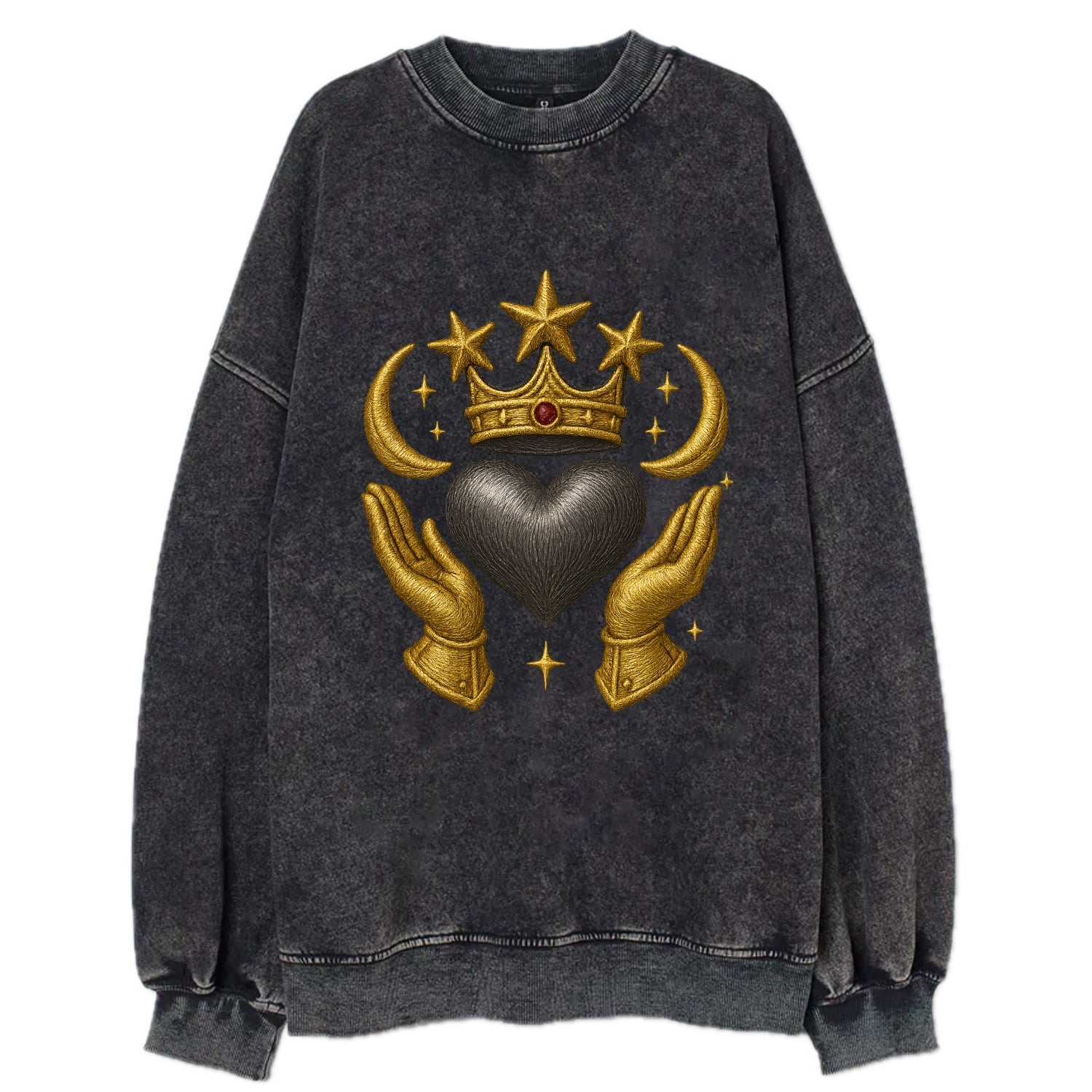 Sun goddess crown radiating golden rays over a midnight heart with - Vintage Sweatshirt - Black