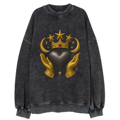 Sun goddess crown radiating golden rays over a midnight heart with - Vintage Sweatshirt - Black