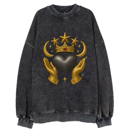 Sun goddess crown radiating golden rays over a midnight heart with - Vintage Sweatshirt