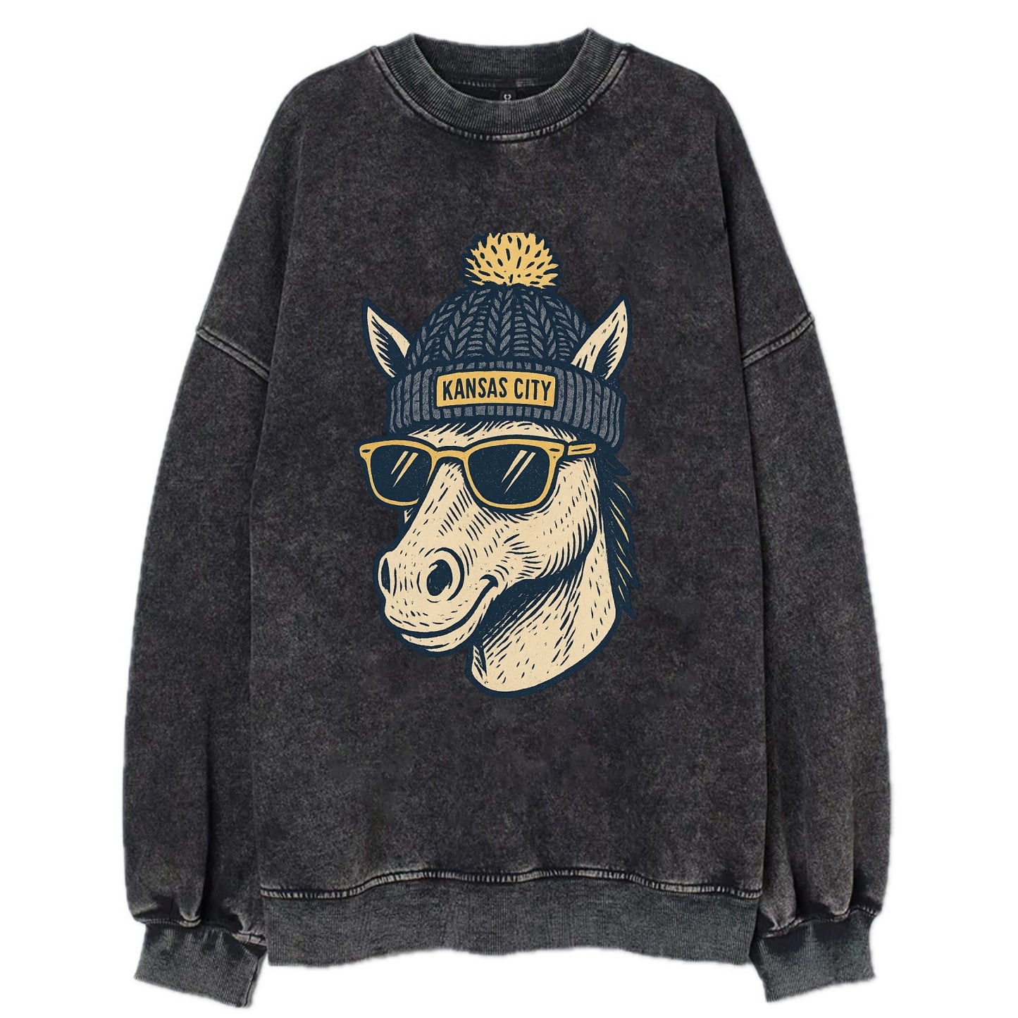 Missouri Mule wearing Kansas City beanie with pom pom and wayfarer sunglasses - Vintage Sweatshirt - Black