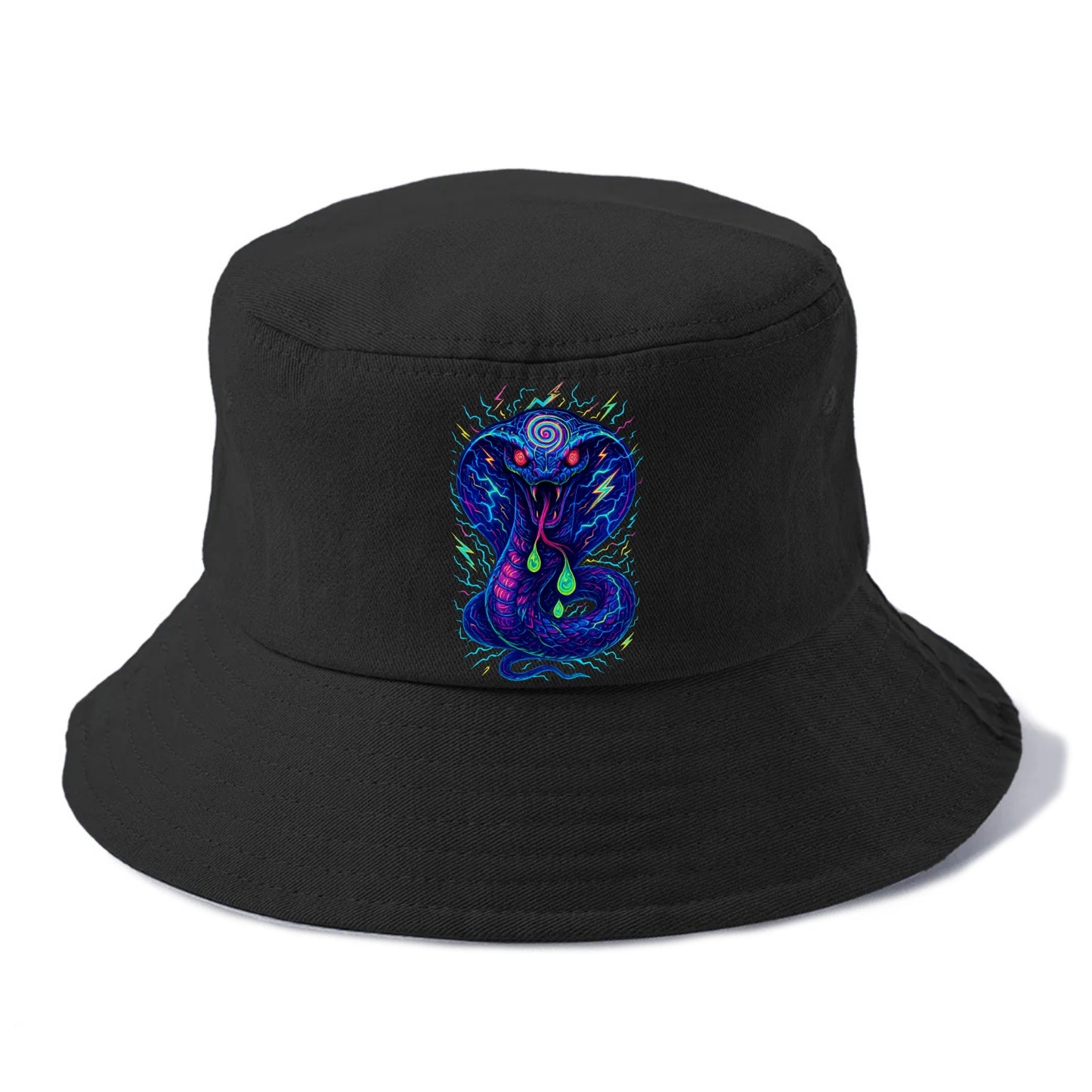 Mesmerizing cobra with hypnotic spiral patterns in the hood, scales that shimmer with - Bucket Hat - Black