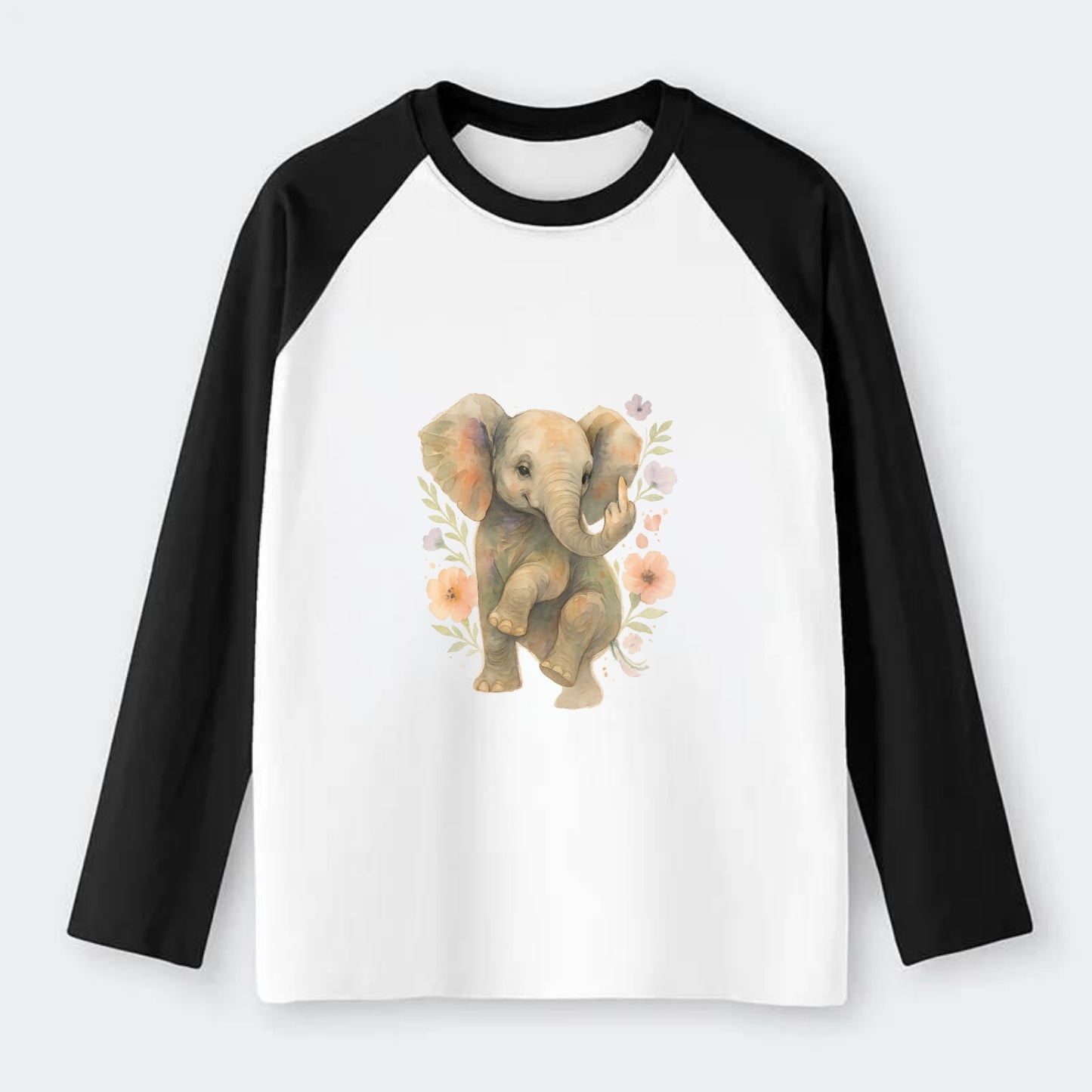 baby elephant with trunk up, one foot raised with middle toe extended - Raglan Long Sleeve T-Shirt - Black
