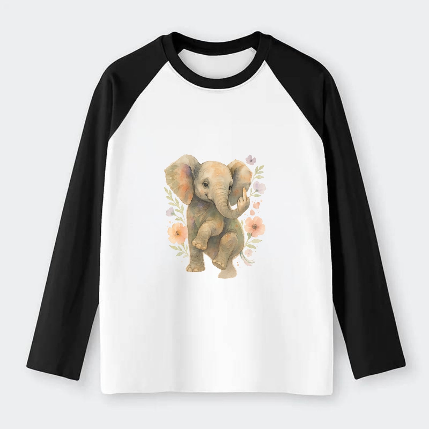 baby elephant with trunk up, one foot raised with middle toe extended - Raglan Long Sleeve T-Shirt - Black