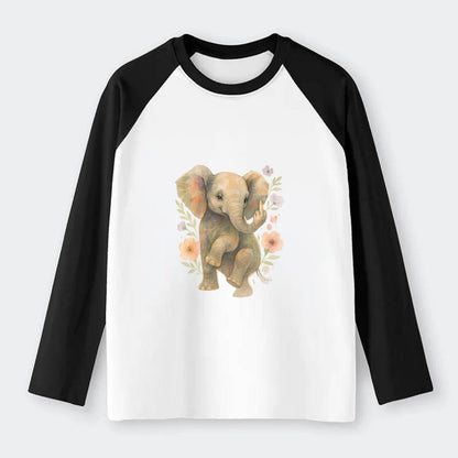 baby elephant with trunk up, one foot raised with middle toe extended - Raglan Long Sleeve T-Shirt - Black