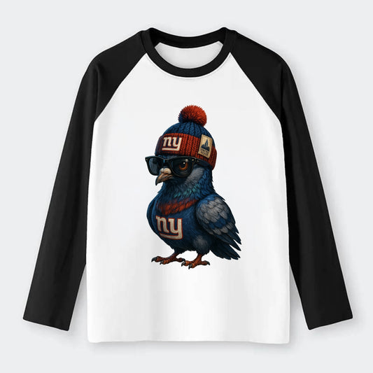 Manhattan Pigeon wearing Giants beanie with Empire State patch and - Raglan Long Sleeve T-Shirt - Black