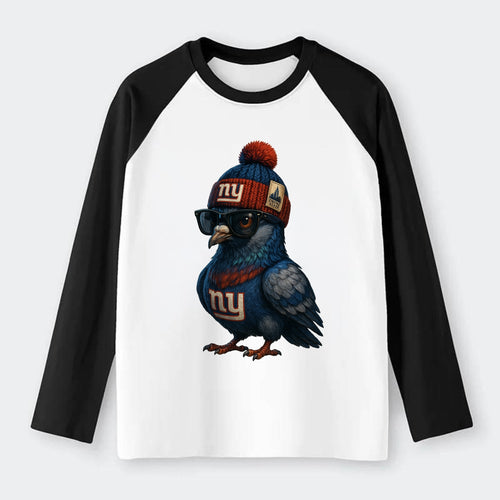 Manhattan Pigeon wearing Giants beanie with Empire State patch and - Raglan Long Sleeve T-Shirt