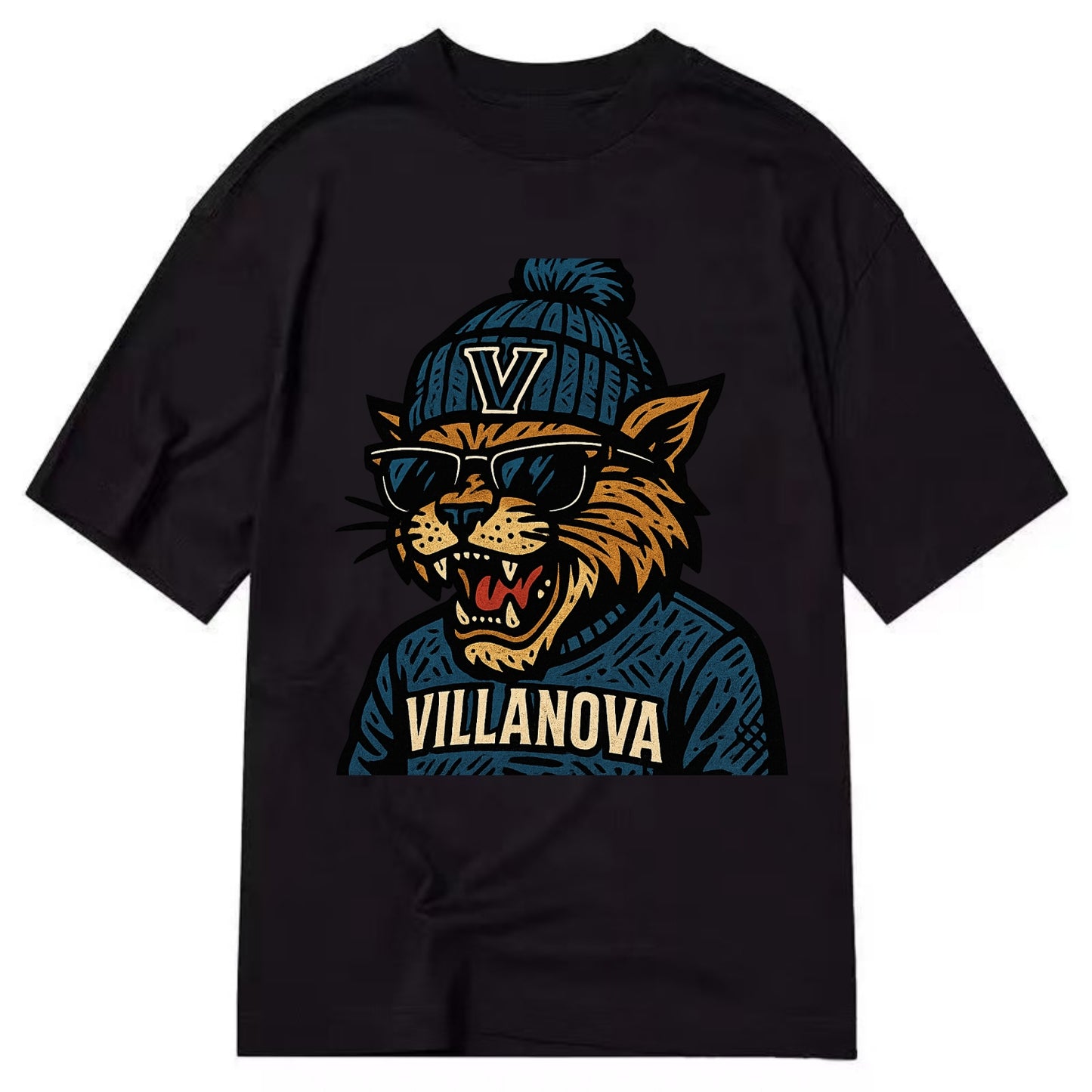 Villanova Wildcat wearing Villanova beanie with V patch - Classic T-shirt - Black