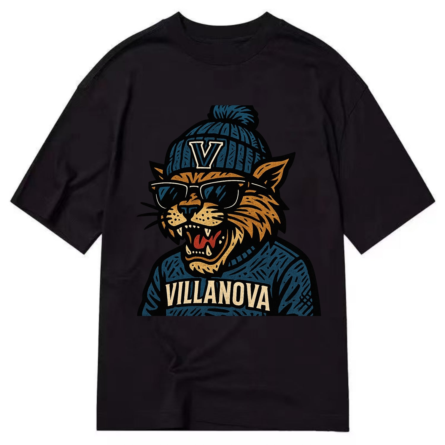 Villanova Wildcat wearing Villanova beanie with V patch - Classic T-shirt - Black