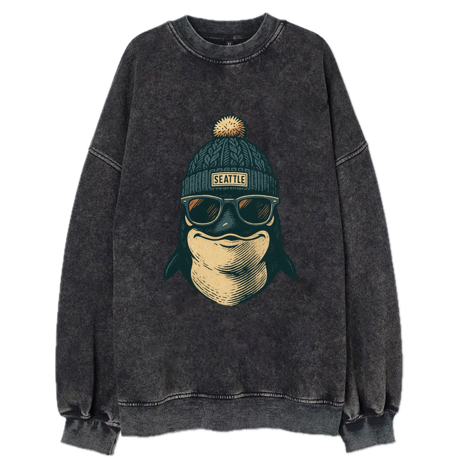 Washington Orca wearing Seattle beanie with pom pom and wayfarer sunglasses - Vintage Sweatshirt - Black