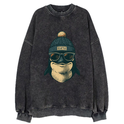 Washington Orca wearing Seattle beanie with pom pom and wayfarer sunglasses - Vintage Sweatshirt - Black