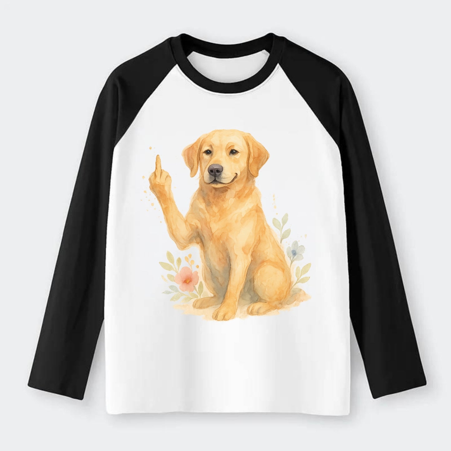 Labrador Retriever yellow sitting pretty, friendly face, strong paw up - Raglan Long Sleeve T-Shirt - Black