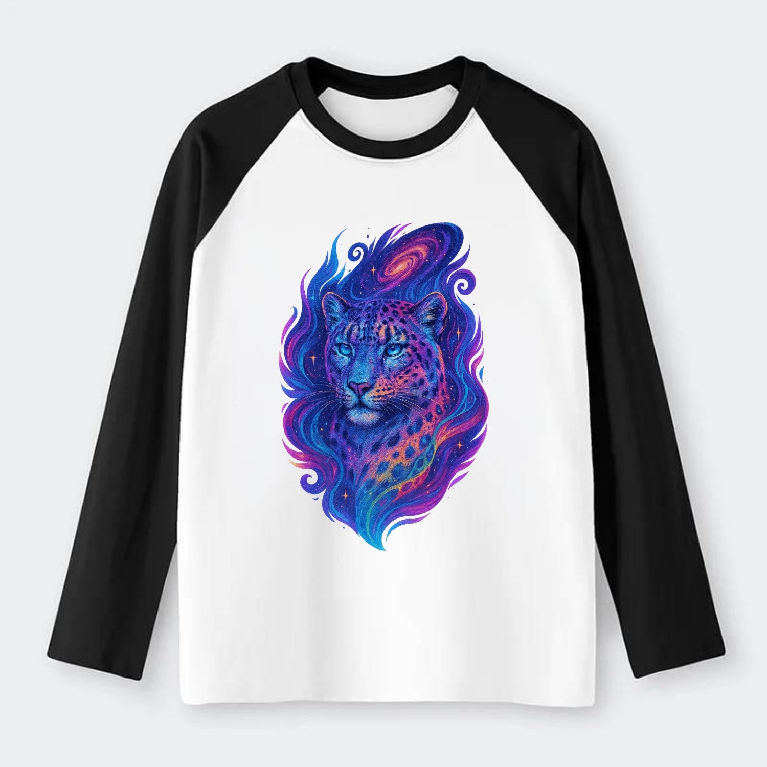 Majestic snow leopard with rainbow gradient spots, crystalline flowing - Raglan Long Sleeve T-Shirt - Black