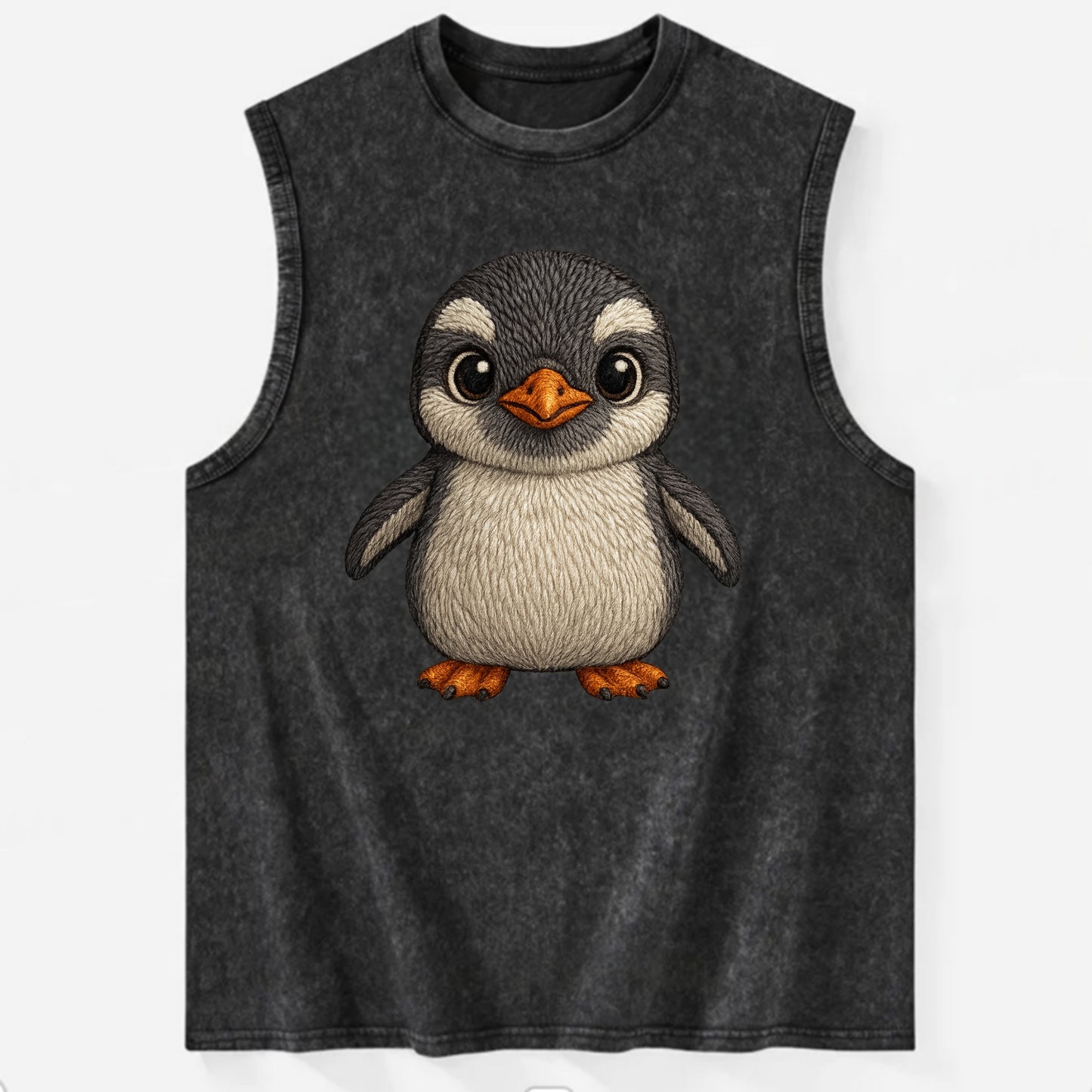 Baby Gentoo Penguin - orange beak, white cap, bright eyes, front-facing, - Vintage Washed Tank - Black