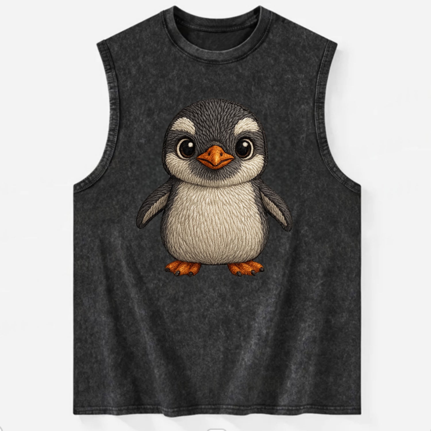 Baby Gentoo Penguin - orange beak, white cap, bright eyes, front-facing, - Vintage Washed Tank - Black