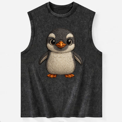 Baby Gentoo Penguin - orange beak, white cap, bright eyes, front-facing, - Vintage Washed Tank - Black
