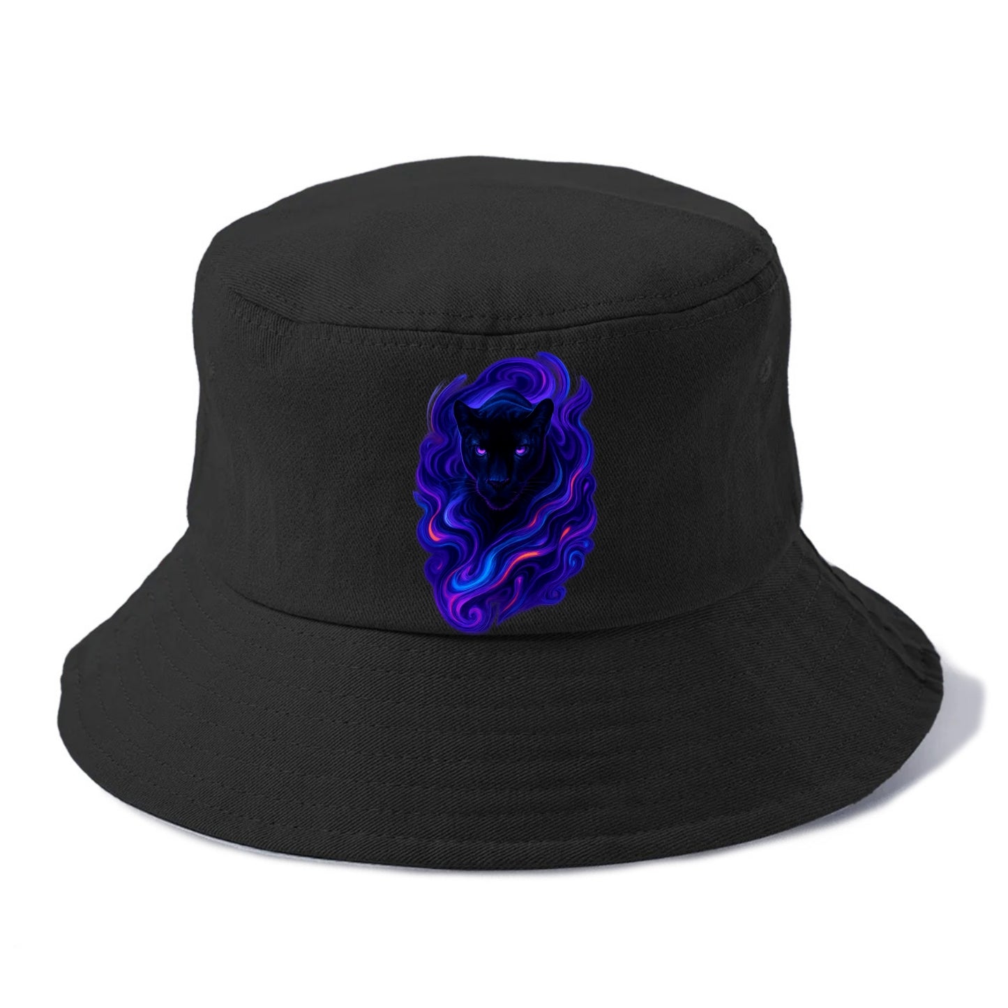 Sleek black panther emerging from swirls of deep purple and electric blue, shadow-like - Bucket Hat - Black