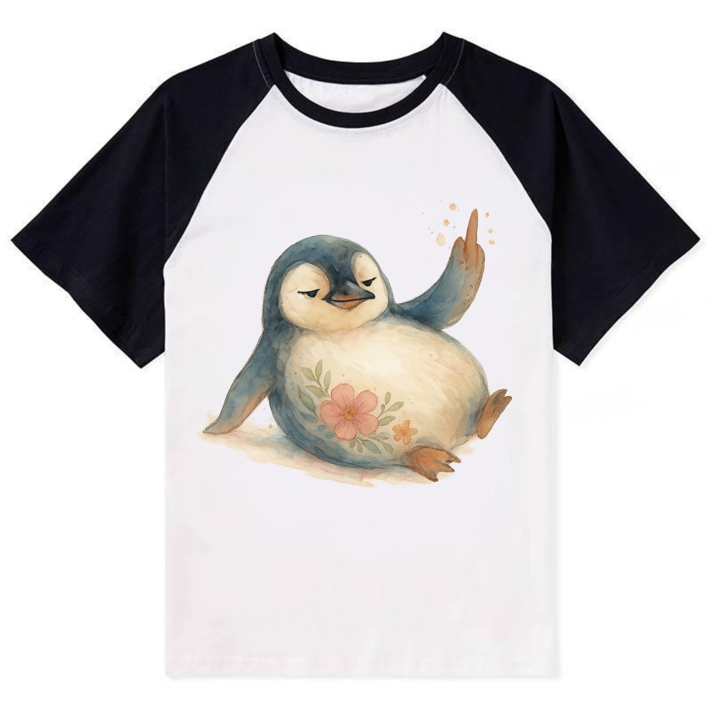 chubby penguin sliding on belly, one flipper up giving attitude - Contrast Raglan T-shirt - Black