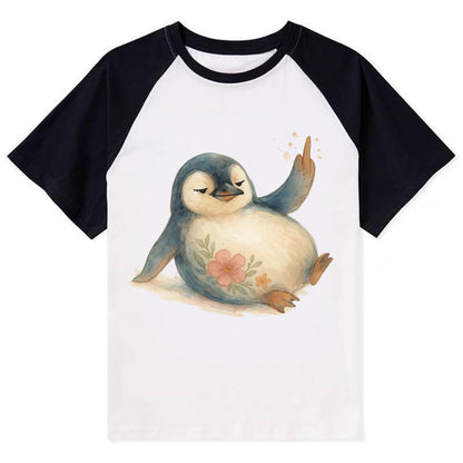 chubby penguin sliding on belly, one flipper up giving attitude - Contrast Raglan T-shirt - Black