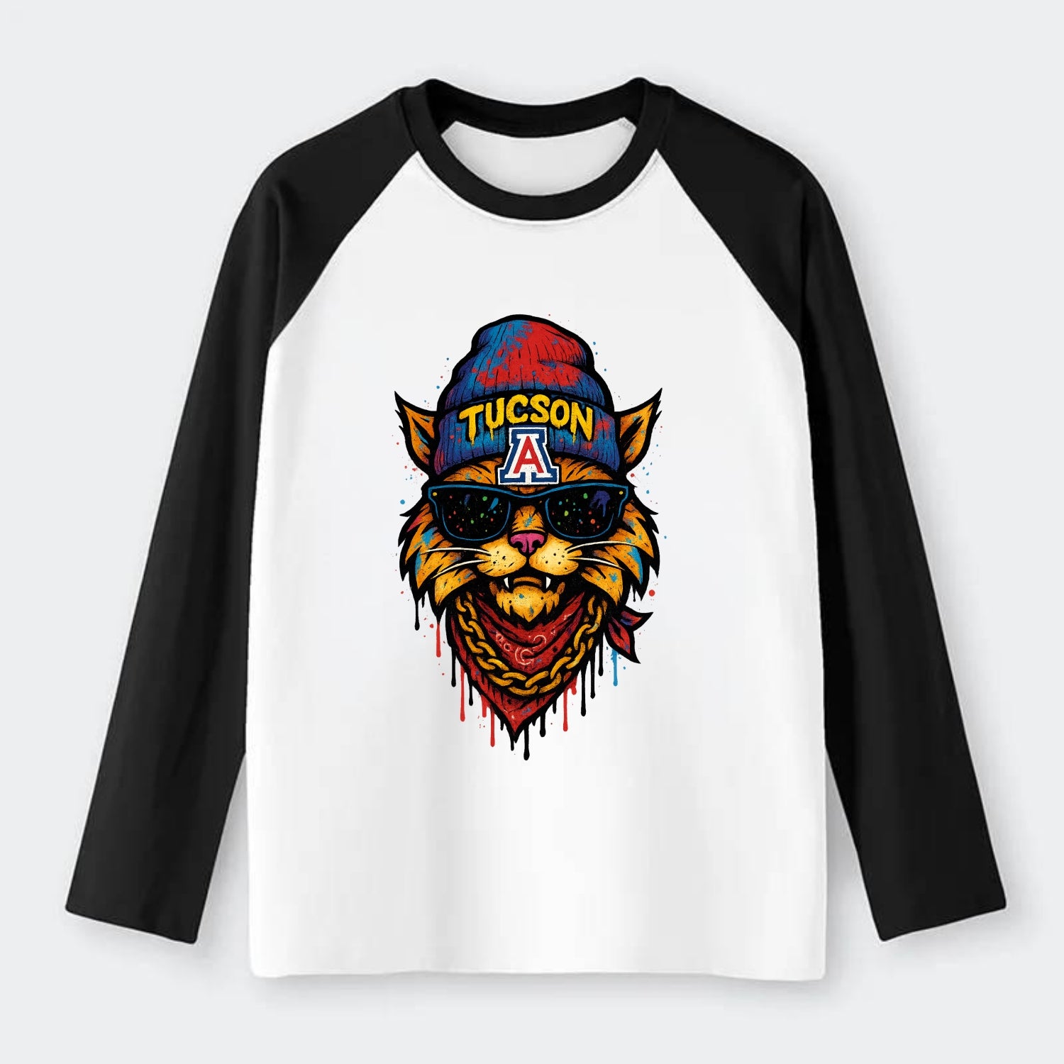 Tucson Wildcat wearing Arizona beanie with A patch - Raglan Long Sleeve T-Shirt - Black