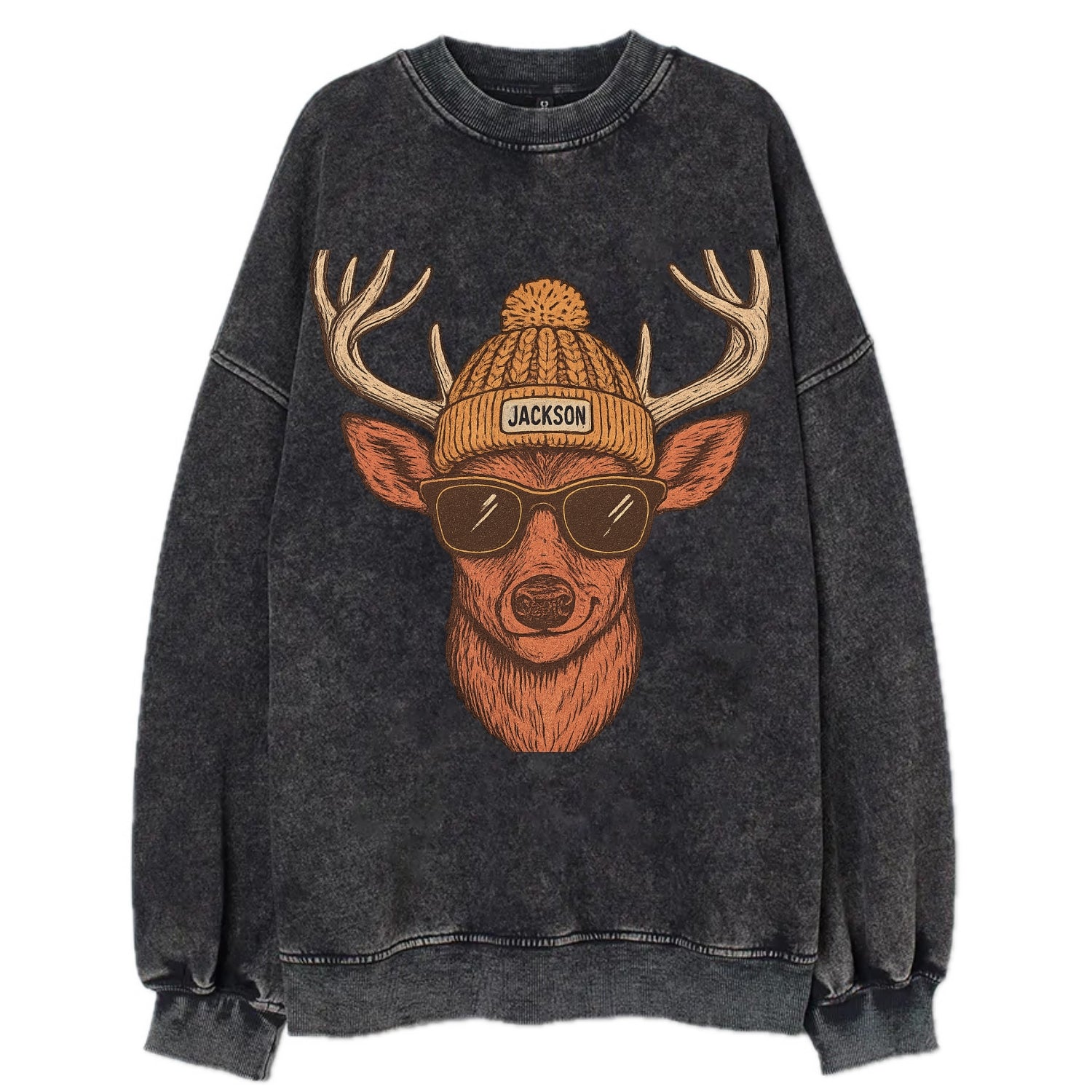 Mississippi White-tailed Deer wearing Jackson beanie with pom pom and wayfarer - Vintage Sweatshirt - Black