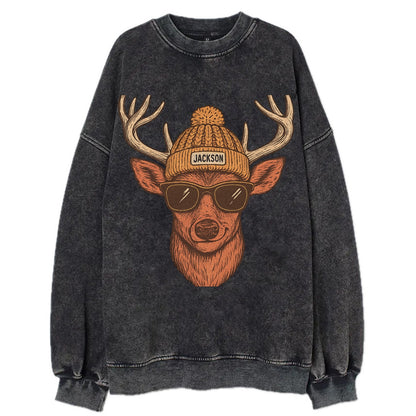 Mississippi White-tailed Deer wearing Jackson beanie with pom pom and wayfarer - Vintage Sweatshirt - Black