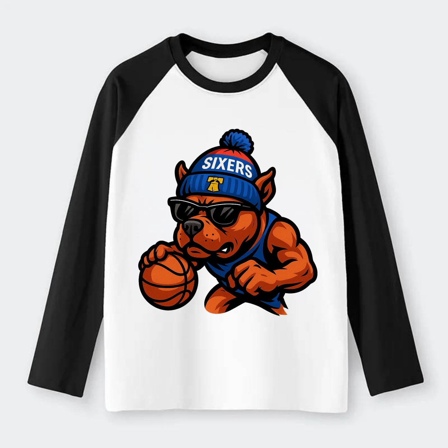 Philly Pitbull wearing Sixers beanie with Liberty Bell and wayfarer - Raglan Long Sleeve T-Shirt - Black
