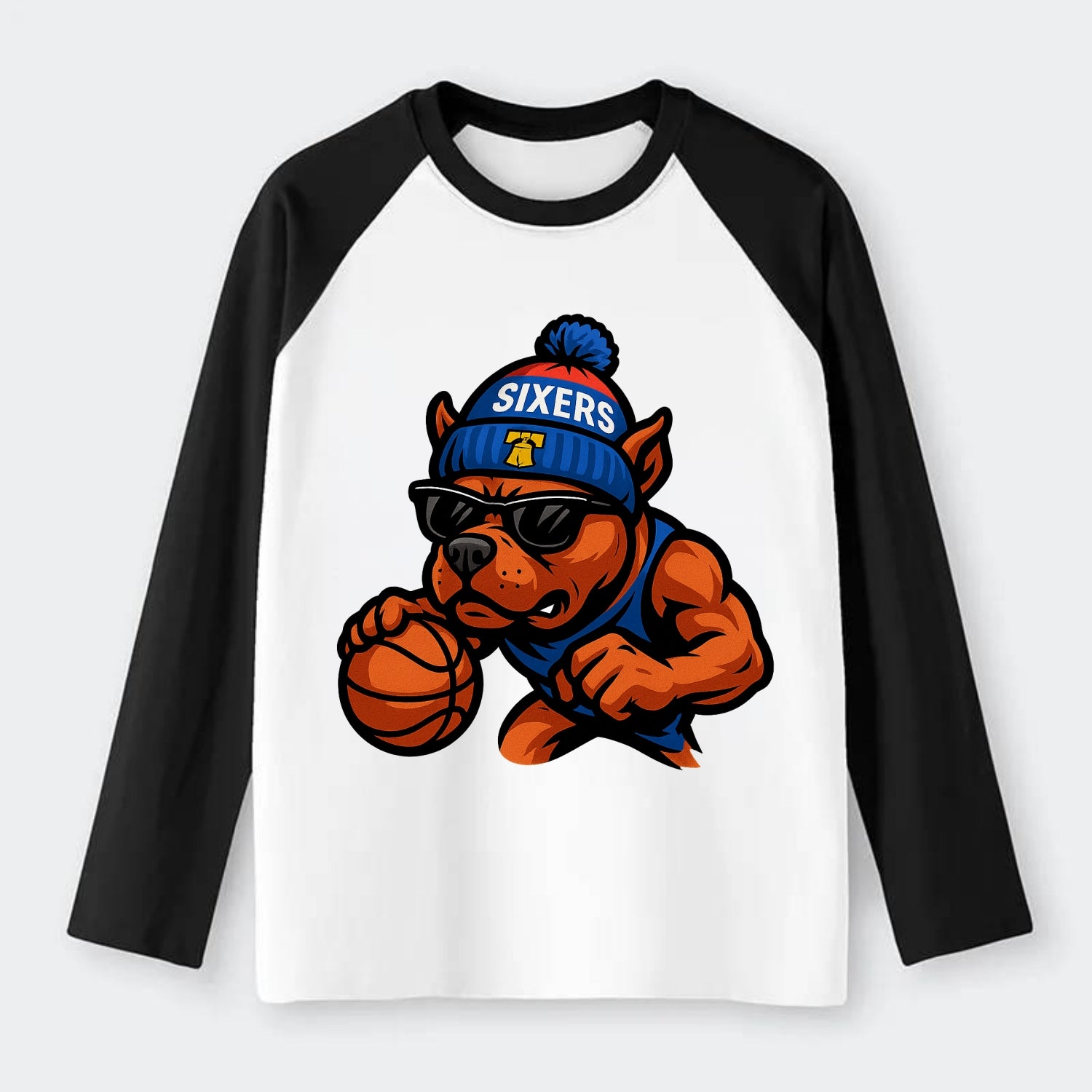 Philly Pitbull wearing Sixers beanie with Liberty Bell and wayfarer - Raglan Long Sleeve T-Shirt - Black