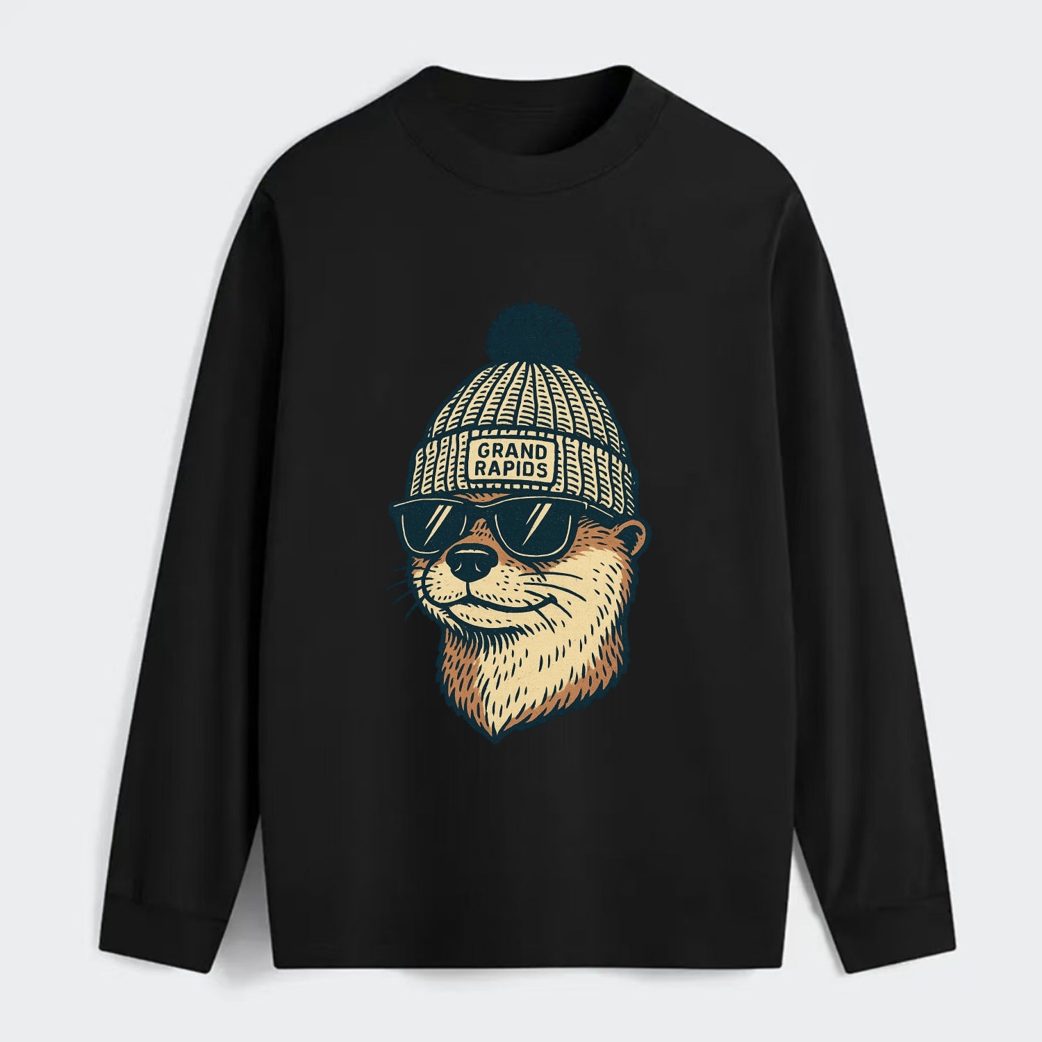 Grand Rapids River Otter wearing Grand Rapids beanie with pom pom and - Classic Long Sleeve Shirt - Black