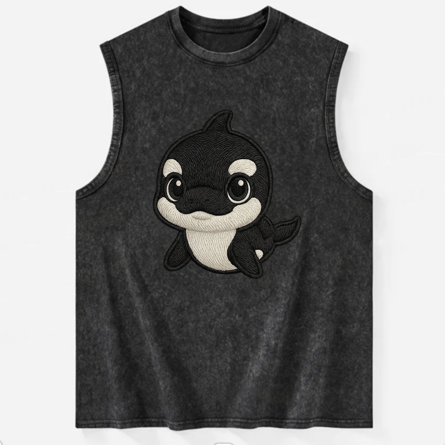 Baby Orca - black and white pattern, white eye patch, front-facing, curious - Vintage Washed Tank - Black