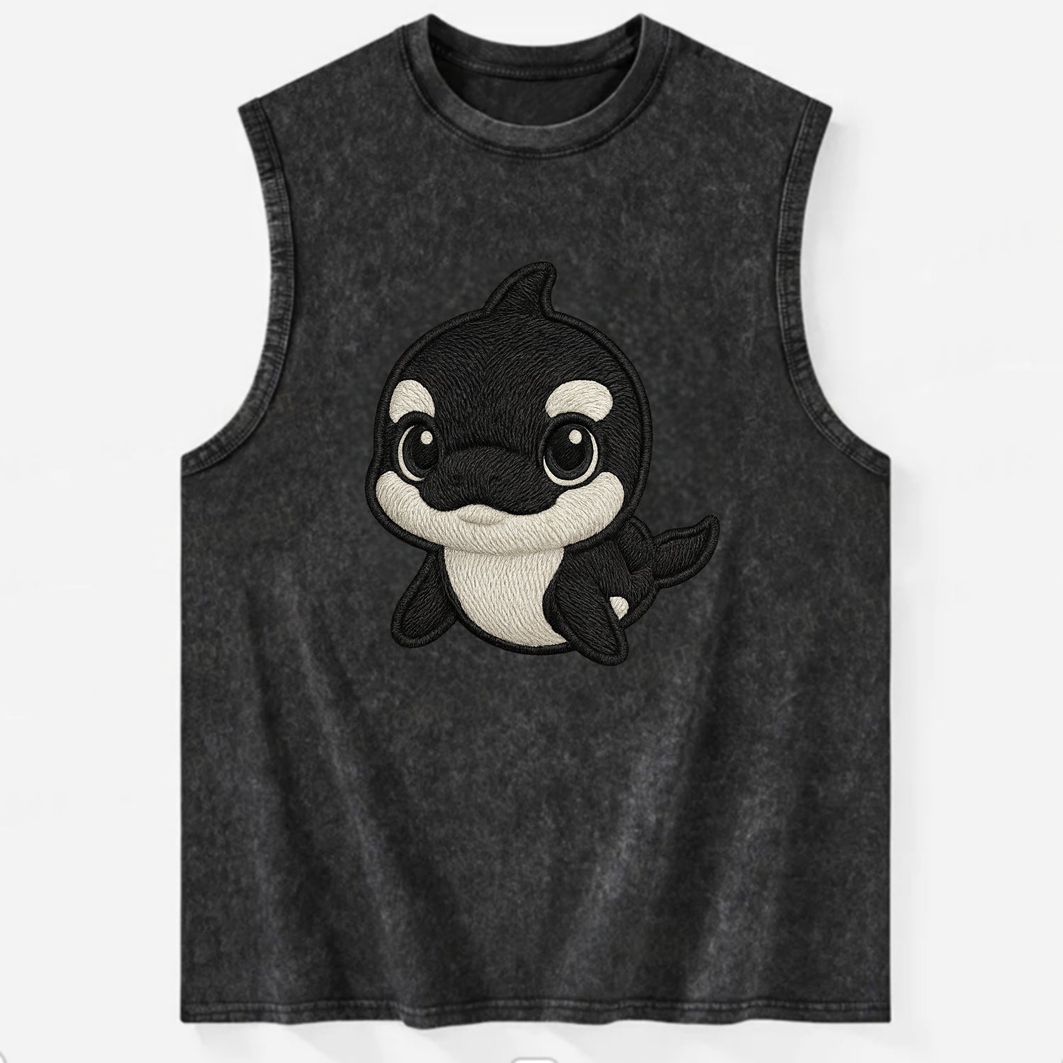 Baby Orca - black and white pattern, white eye patch, front-facing, curious - Vintage Washed Tank - Black