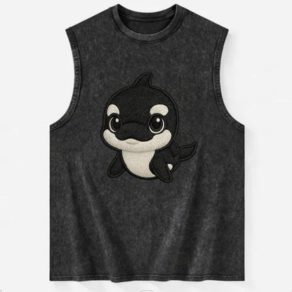 Baby Orca - black and white pattern, white eye patch, front-facing, curious - Vintage Washed Tank - Black