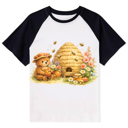 SKEP HIVE | Traditional straw beehive | Cottage garden setting | Buzzing - Contrast Raglan T-shirt - Black