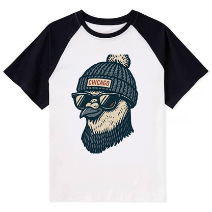 Chicago Pigeon wearing Chicago beanie with pom pom and wayfarer sunglasses - Contrast Raglan T-shirt - Black