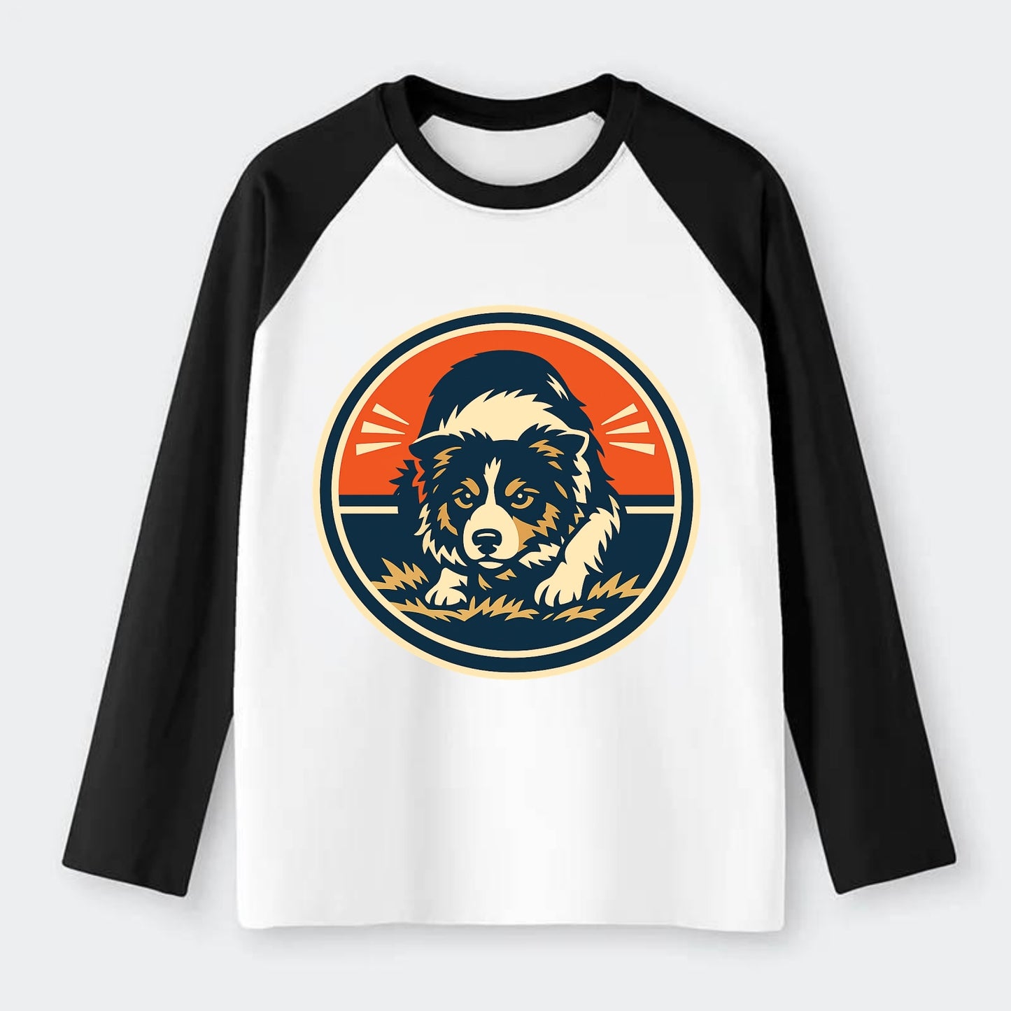 Focused Border Collie Emblem - Raglan Long Sleeve T-Shirt - Black
