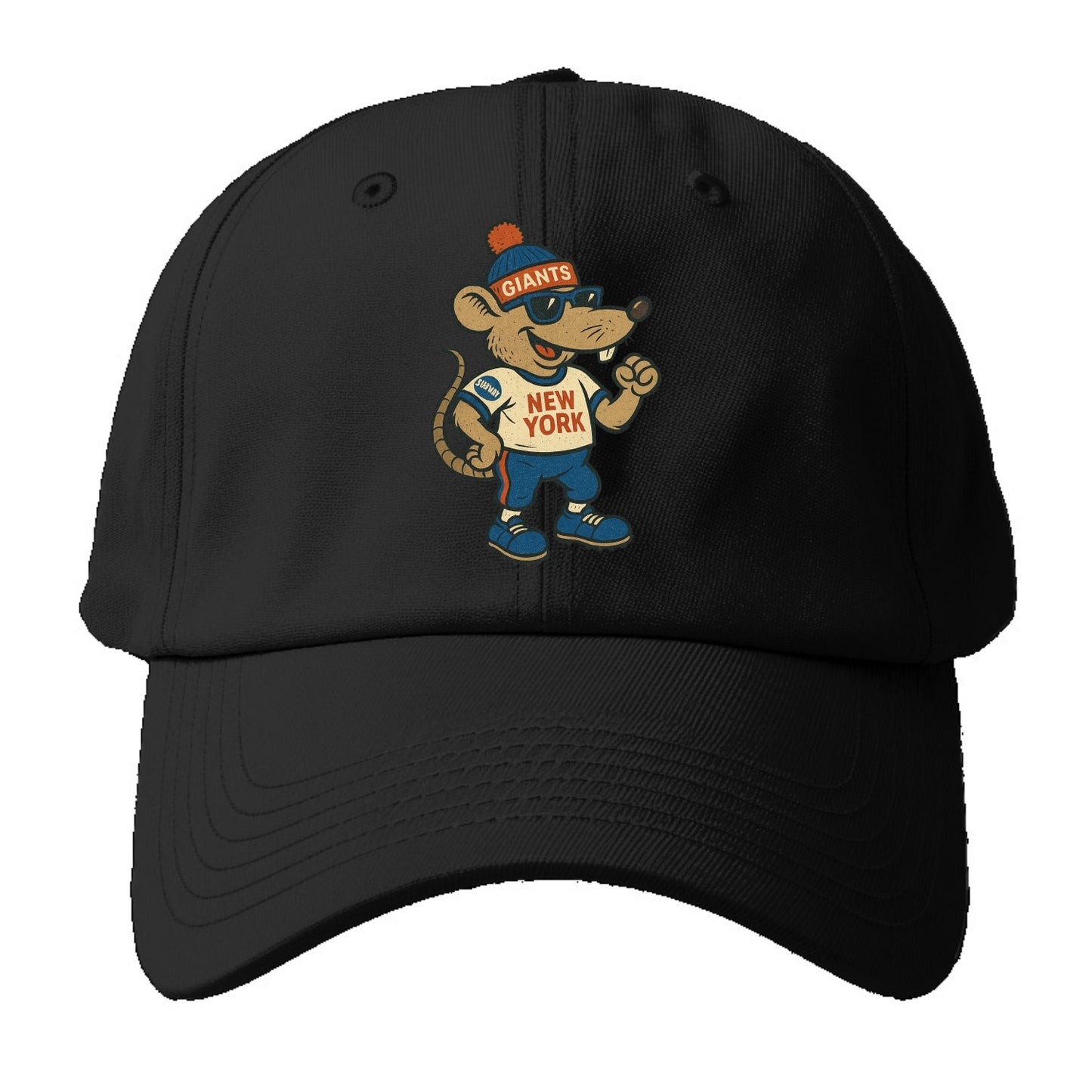 New York Rat wearing Giants beanie with subway patch and wayfarer - Baseball Cap For Big Heads - Black