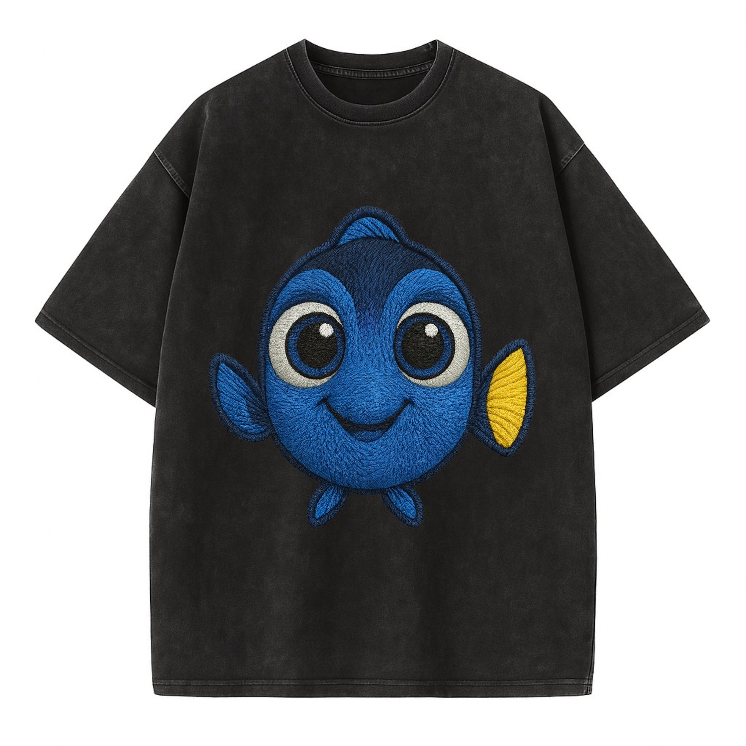 Baby Blue Tang - bright blue with yellow tail, big eyes, front-facing, Dory-style - Vintage T-shirt - Black